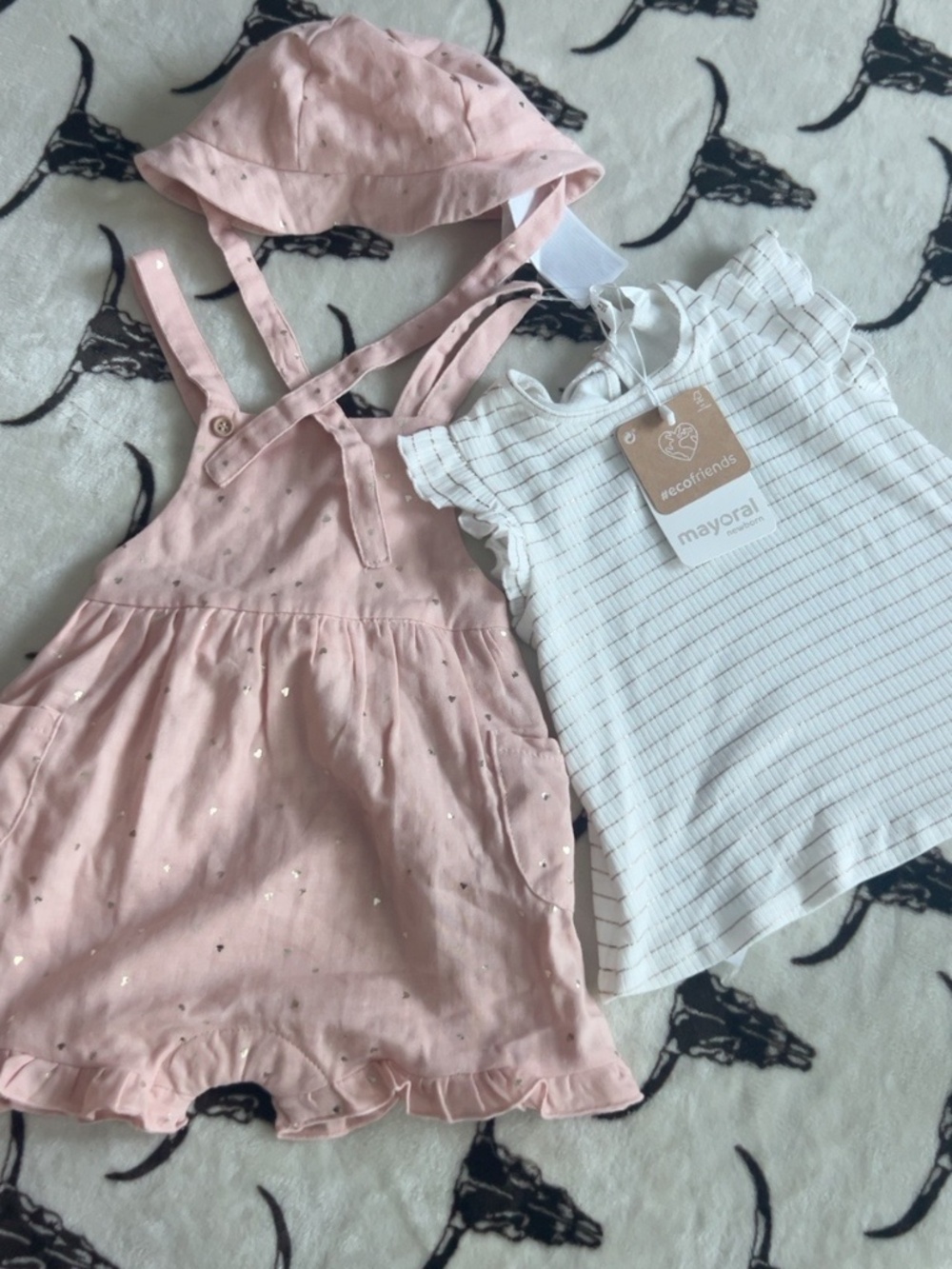 NWT Mayoral Baby Girl 3 Piece Romper Top Hat Set Pink Gold 12M